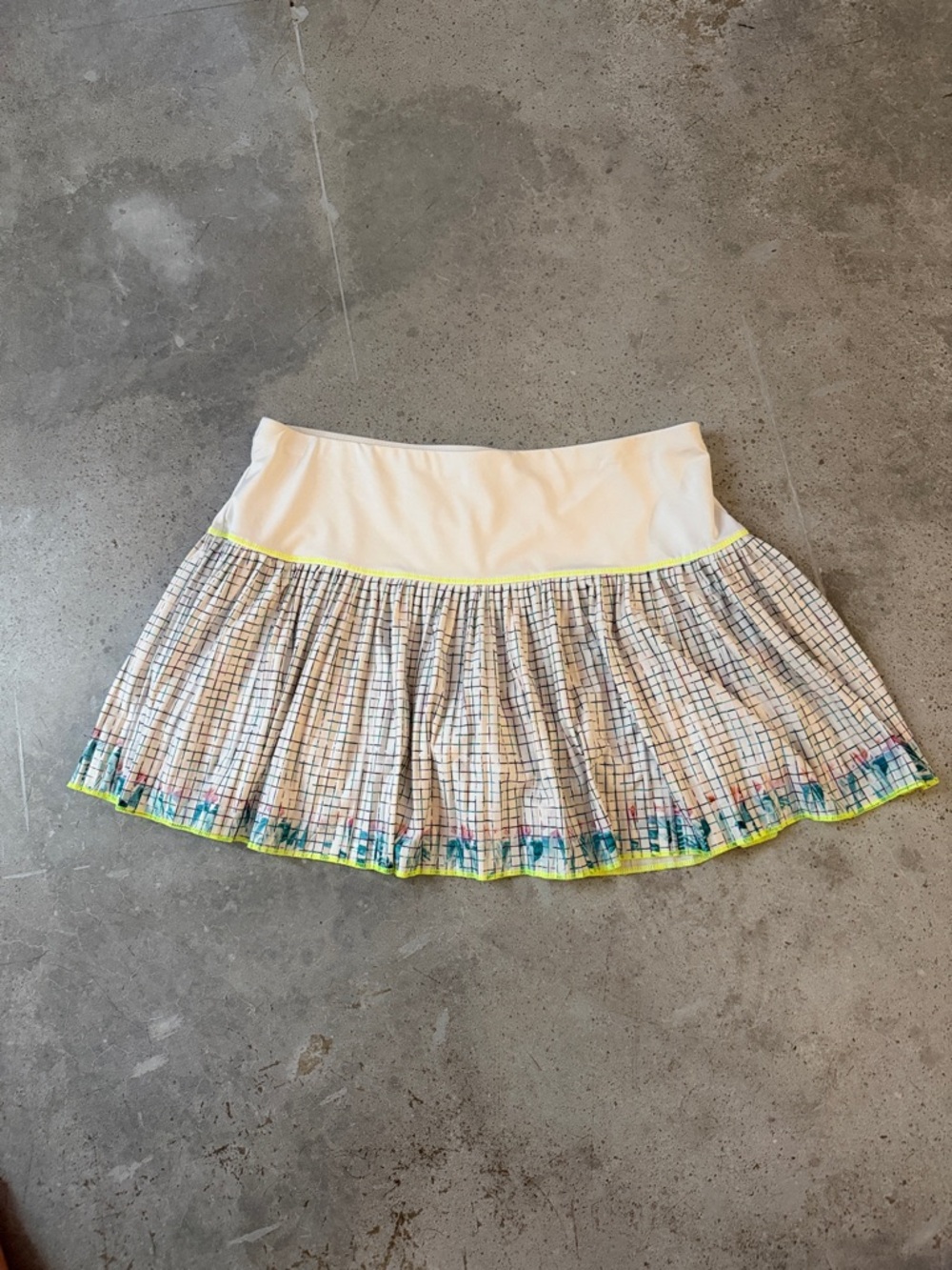 Lucky in Love White Pleated Grid-Print Skater Skirt with Neon Yellow Trim